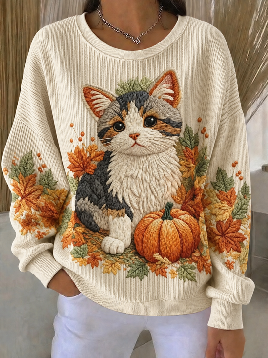 Casual Cat Crew Neck Long Sleeve Sweatshirt