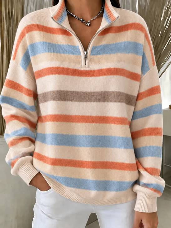 Casual Striped Stand Collar Long Sleeve Sweatshirt