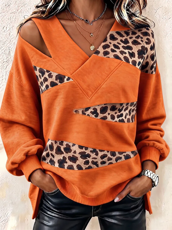 Casual Color Block V Neck Long Sleeve Sweatshirt