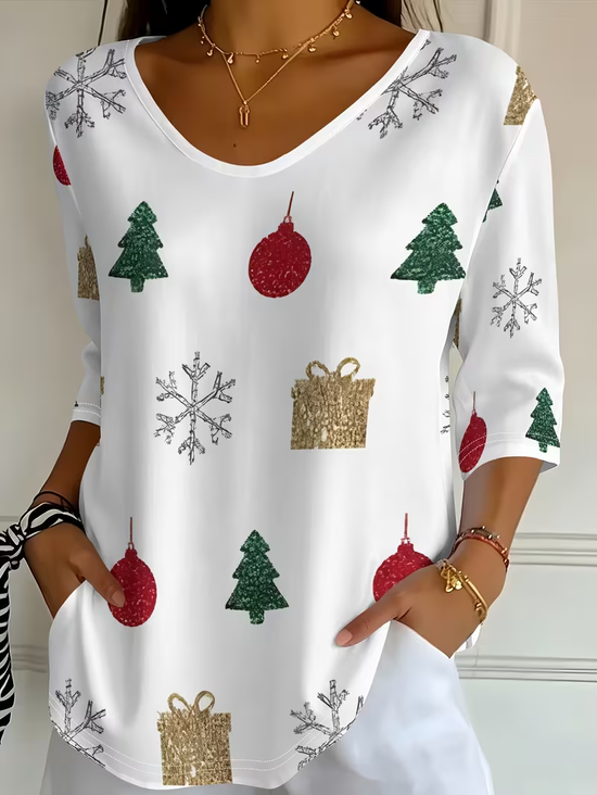 Casual Christmas V Neck Three Quarter Sleeve T-shirt