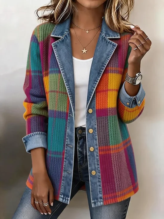 Women Winter Outerwear Vintage Printing Plaid Long Sleeve Shawl Collar Jacket