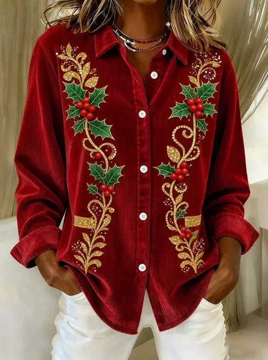 Women Christmas Vintage Shirt Shirt Collar Long Sleeve Top