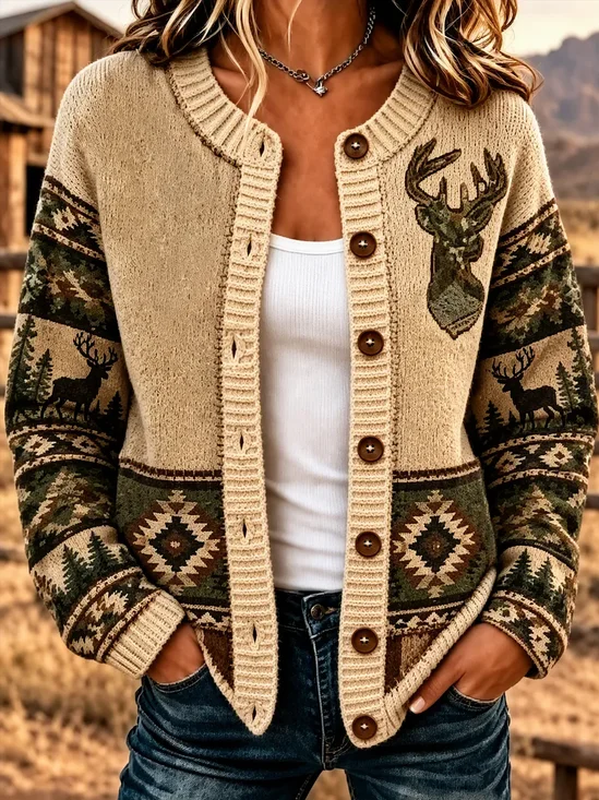 Women Wild West Long Sleeve Comfy Vintage Printing Cardigan