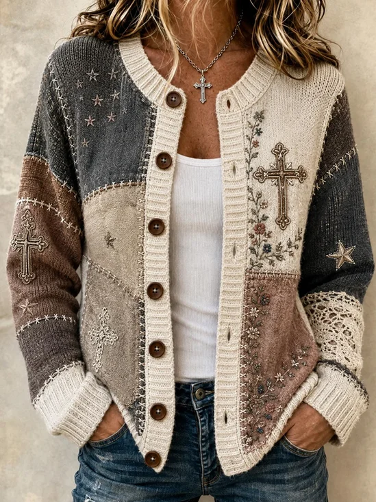 Women Geometric Long Sleeve Comfy Vintage Cardigan