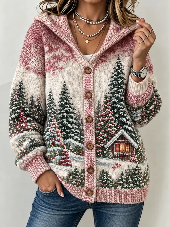 Women Landscape Print Long Sleeve Comfy Vintage Cardigan