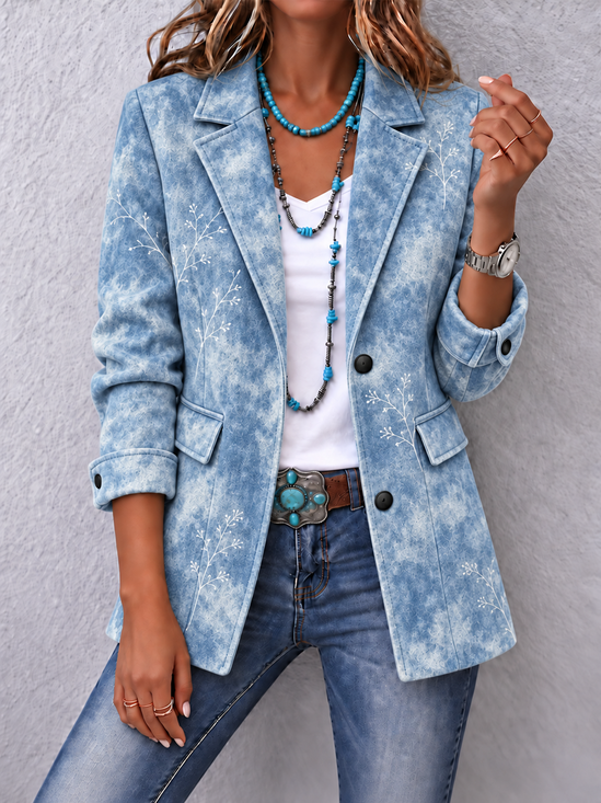 Women Spring/Fall Outerwear Vintage Printing Floral Long Sleeve Lapel Collar Jacket
