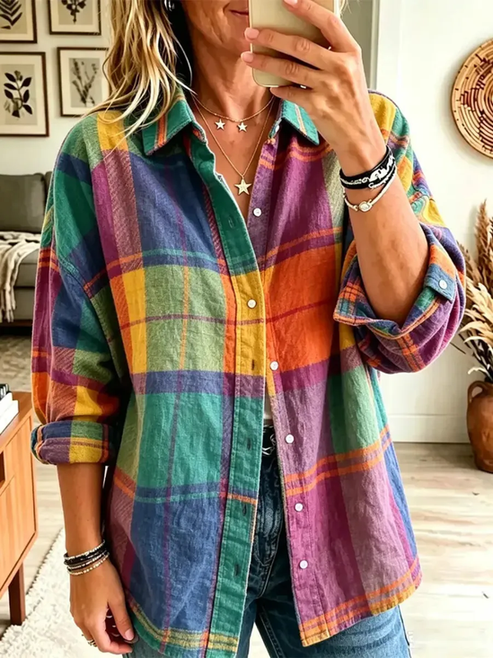 Women Plaid Casual Shirt Shirt Collar Long Sleeve Buckle Top