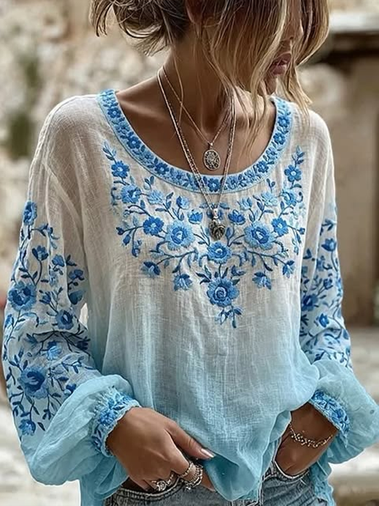 Women Floral Vintage Blouse Crew Neck Long Sleeve Printing Top
