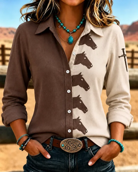 Shirt Collar Long Sleeve Color Block Printing Regular Micro-Elasticity Loose Shirt For Women