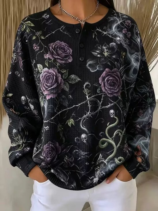 Casual Floral Henley Collar Long Sleeve Sweatshirt