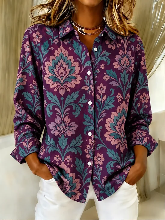 Women Floral Pattern Vintage Shirt Shirt Collar Long Sleeve Top