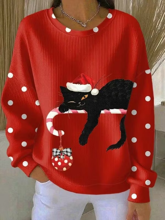 Casual Polka Dots Crew Neck Long Sleeve Sweatshirt