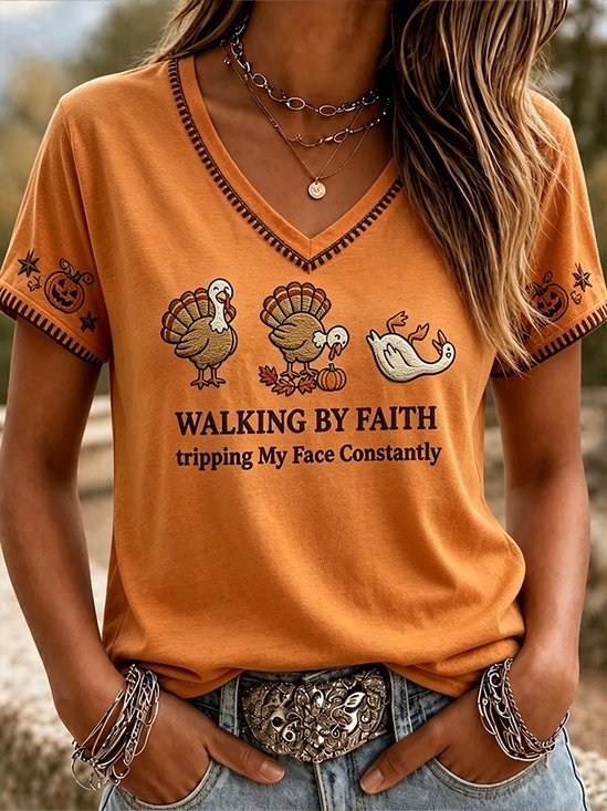 Vintage Text Letters V Neck Short Sleeve T-shirt