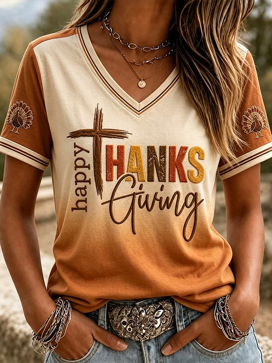Vintage Text Letters V Neck Short Sleeve T-shirt