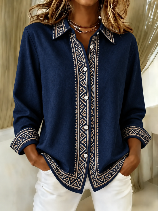 Women Geometric Vintage Shirt Shirt Collar Long Sleeve Top