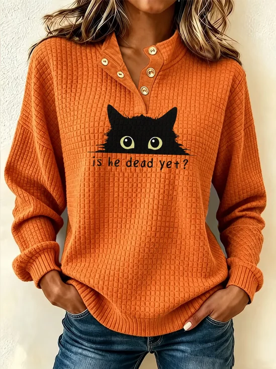Vintage Cat Half Open Collar Long Sleeve Sweatshirt
