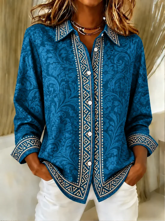 Women Geometric Vintage Shirt Shirt Collar Long Sleeve Top