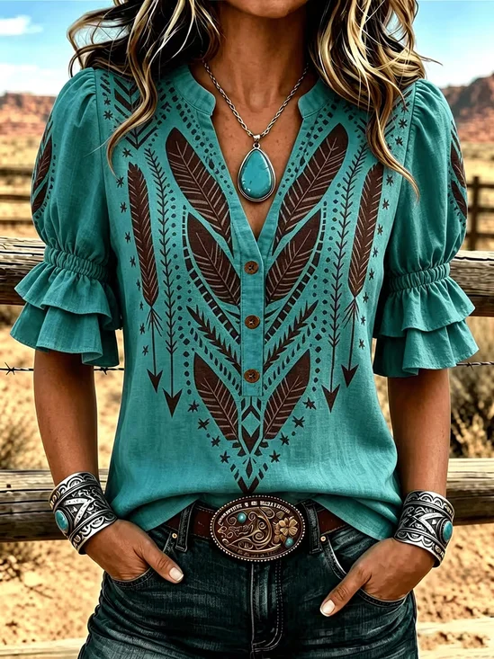 Women Wild West Vintage Shirt V Neck Half Sleeve Printing Top