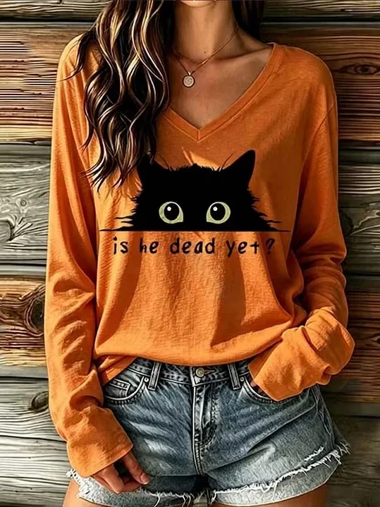 Casual Text Letters V Neck Long Sleeve T-shirt