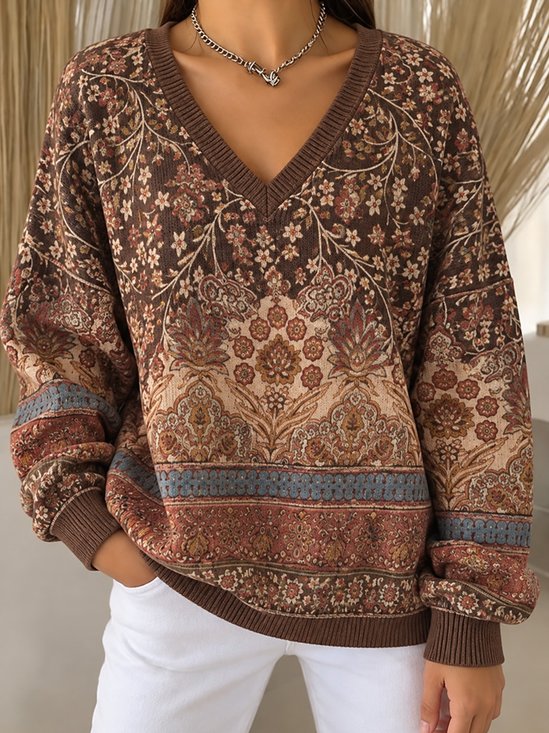 Vintage Floral V Neck Long Sleeve T-shirt