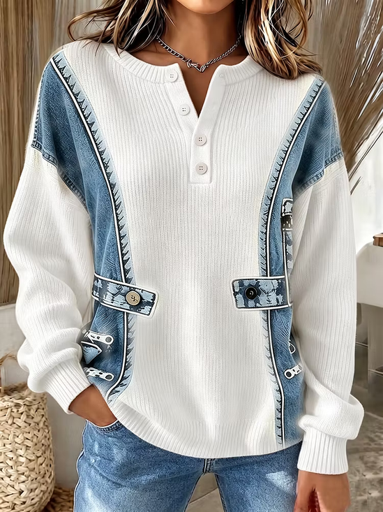 Vintage Faux Denim Print Graphic Henley Collar Long Sleeve Sweatshirt