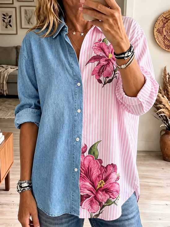 Women Striped Casual Shirt Shirt Collar Long Sleeve Buckle Top