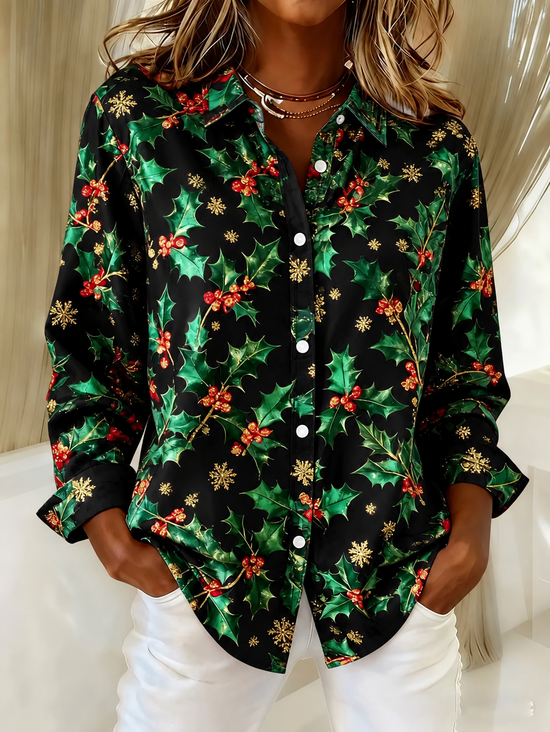 Women Christmas Vintage Shirt Shirt Collar Long Sleeve Top
