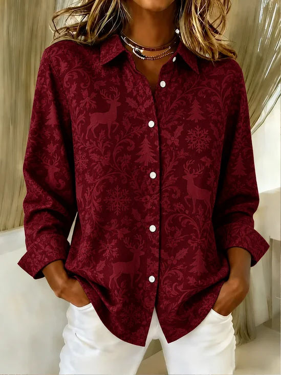 Women Christmas Vintage Shirt Shirt Collar Long Sleeve Printing Top