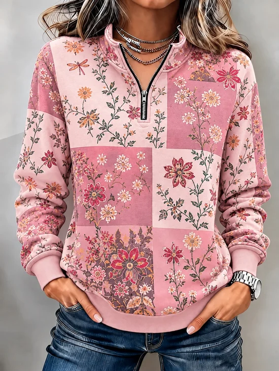 Casual Geometric Half Open Collar Long Sleeve Sweatshirt