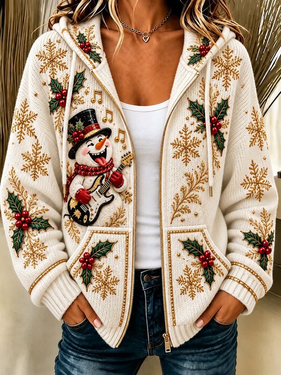 Women Spring/Fall Outerwear Casual Christmas Snowman Long Sleeve Hoodie Jacket