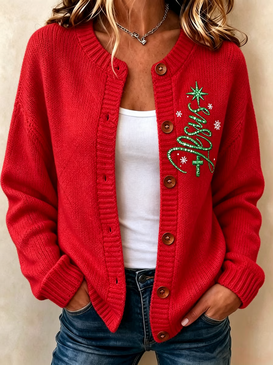 Women Christmas Long Sleeve Comfy Vintage Printing Cardigan