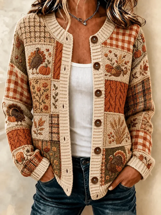 Women Turkey Long Sleeve Comfy Vintage Printing Cardigan