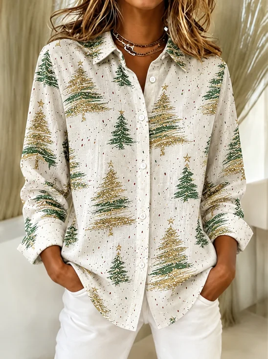 Women Christmas Casual Shirt Shirt Collar Long Sleeve Buckle Top