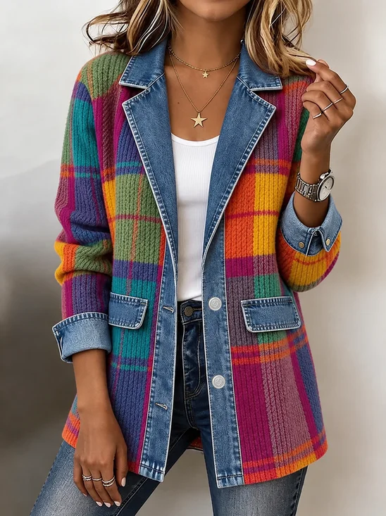 Women Winter Outerwear Vintage Printing Plaid Long Sleeve Shawl Collar Jacket