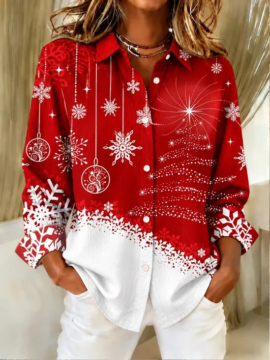 Women Snowflake Vintage Shirt Shirt Collar Long Sleeve Printing Top