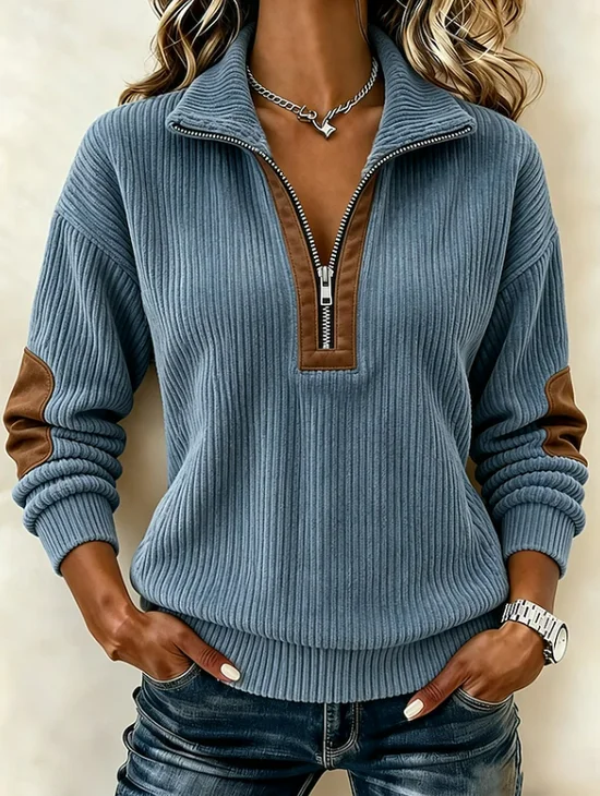 Casual Color Block Half Open Collar Long Sleeve Sweatshirt
