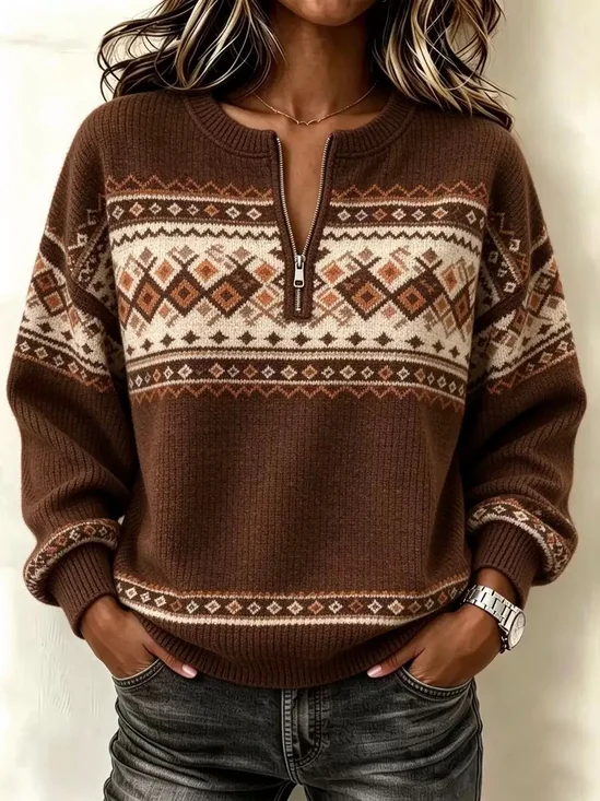 Vintage Geometric Half Open Collar Long Sleeve Sweatshirt