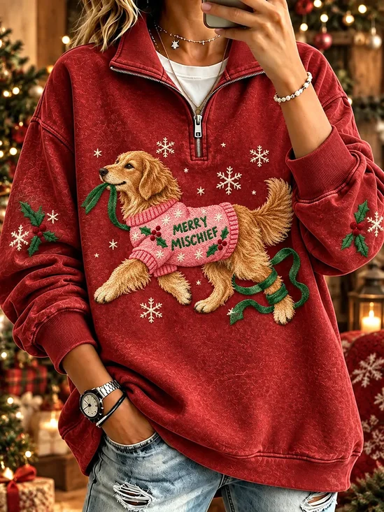 Casual Christmas Shawl Collar Long Sleeve Sweatshirt