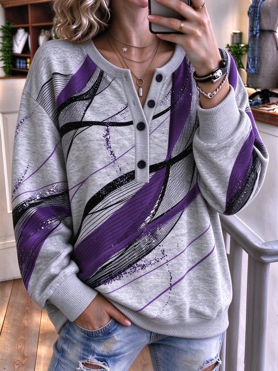 Casual Abstract Henley Collar Long Sleeve Sweatshirt