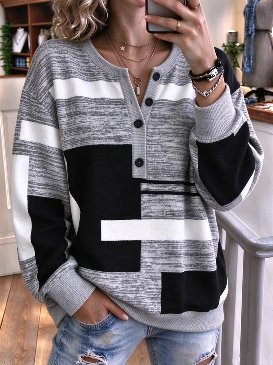 Casual Abstract Graphic Henley Collar Long Sleeve Sweatshirt