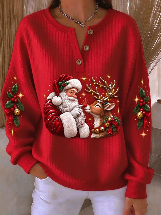 Casual Santa Claus Henley Collar Long Sleeve Sweatshirt