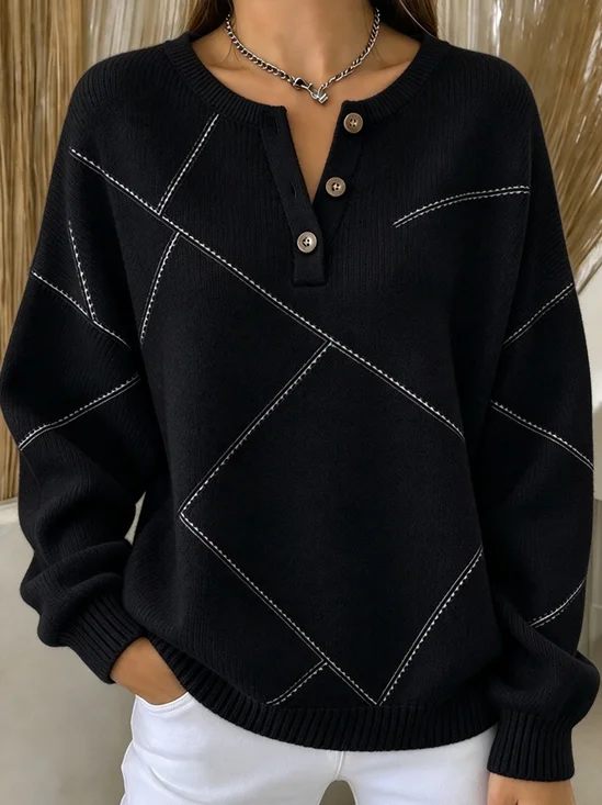 Casual Geometric Henley Collar Long Sleeve Sweatshirt