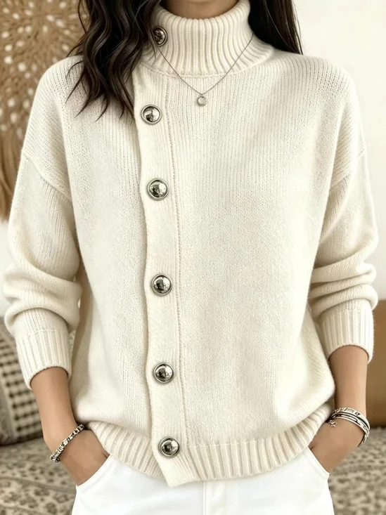 Women Plain Long Sleeve Comfy Vintage Buckle Sweater