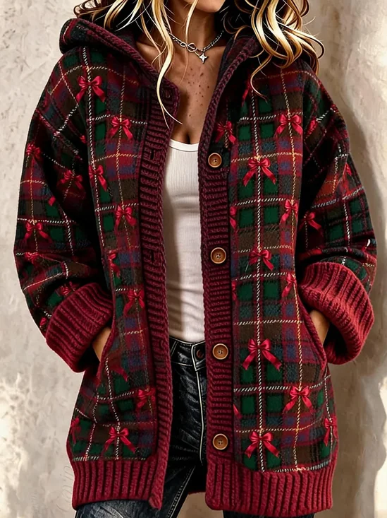 Women Plaid Long Sleeve Comfy Vintage Printing Cardigan