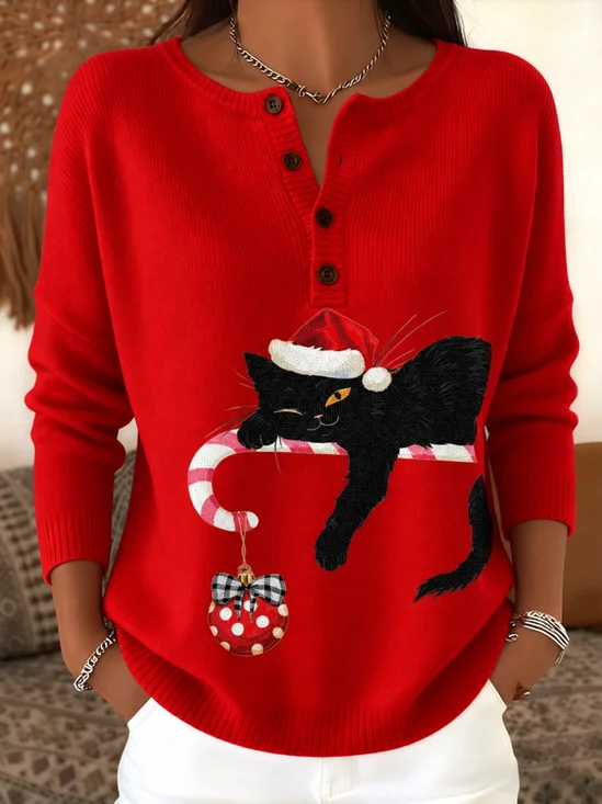 Women Cotton Christmas Long Sleeve Comfy Casual Printing Sweater