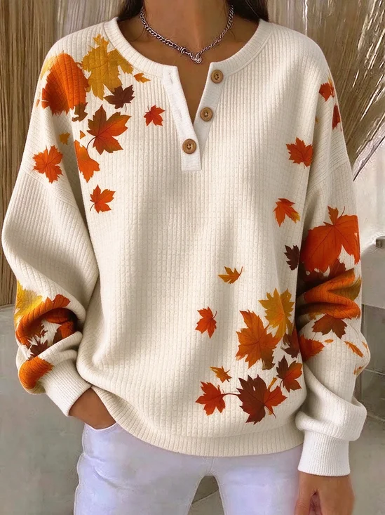 Vintage Maple Leaf Henley Collar Long Sleeve Sweatshirt