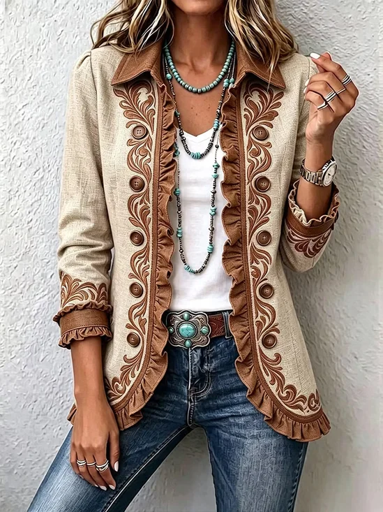 Women Spring/Fall Outerwear Vintage Printing Ethnic Long Sleeve Shawl Collar Jacket