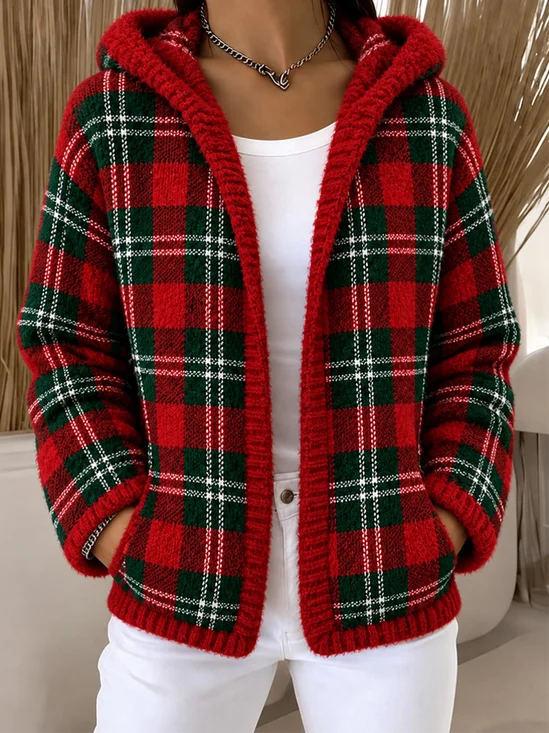 Women Winter Outerwear Vintage Plaid Long Sleeve Hoodie Jacket