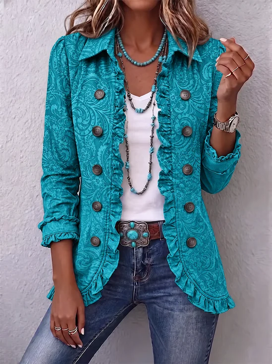Women Spring/Fall Outerwear Vintage Printing Floral Long Sleeve Shawl Collar Jacket