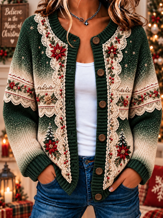 Women Christmas Long Sleeve Comfy Vintage Printing Cardigan